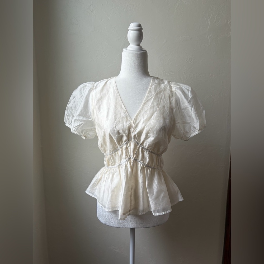 Urban Revivo NWT Cream Puff Sleeve Peplum Blouse Lyocell Romantic Top L